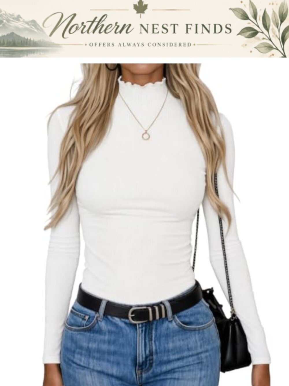 Mock Neck Long Sleeve Slim Fit Ribbed Knit Lettuce Trim Tee